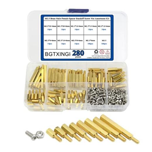 Afstandhouders & Steunstukken | 28 Stuks M2.5 Messing Male-Female Spacer Standoff Schroef Moer Assortiment Kit en RVS Schroef Moer Set (Messing M2.5) Afstandhouders & Steunstukken Afstandhouders & Steunstukken