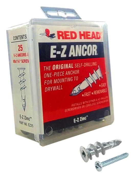 Ankers | 25 Stuks Rode Head Ez Ancor Zink Metalen Zelfborende Gipsplatenankers Met Schroeven | Tot 75 Lbs | Ez25 Ankers Ankers