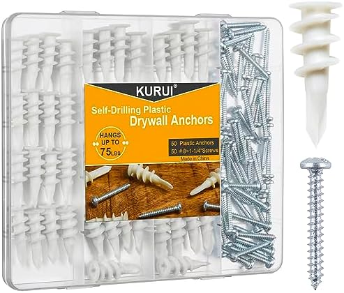 Ankers | #8 Zelfborende Gipsplaatankers, 100 Stuks Gipsplaatankers en Schroeven voor Gipsplaat, 50 Zelftappende/Schroefdraad Plastic Sheetrockankers + 50#8 X 1-1/4” Schroeven, 75Lb Ophangen en Monteren Ankers Ankers