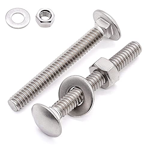 Bouten | (10 Sets) 1/4-20 X 2-1/2″ RVS Carriage Bolts Schroeven Ronde Kop Vierkante Hals En Zeskantige Moeren & Platte Ringen 304 RVS 18-8 Volledige Draadbedekking Bevestigingsmiddelen Bouten