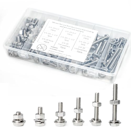 Bouten | 180 Stuks SAE RVS Moeren en Bouten Assortiment Kit, Inclusief 6 Maten 1/4-20 Zeskantbouten, Platte Ringen, Veer Ringen. Verpakt in Plastic Doos, Gemaakt van 304 RVS Bevestigingsmiddelen Bouten