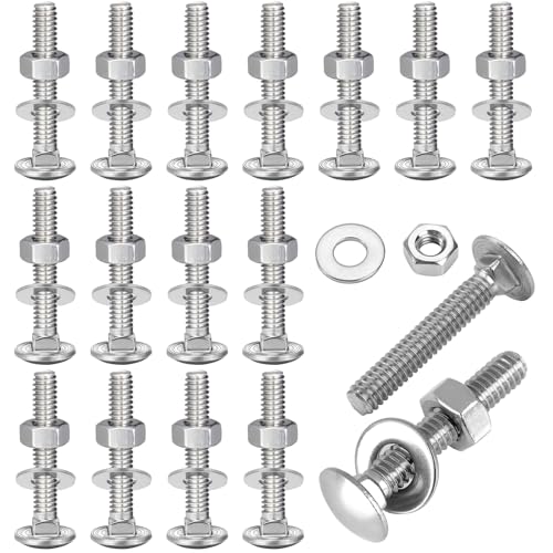 Bouten | 25 Sets Carriage Bolts en Moeren Kit 1/4-20 X 1-1/2″ RVS Schroeven Met Ronde Kop, Vierkante Hals, Zeskantige Moeren & Platte Ringen 304 RVS 18-8 Volledige Draadbedekking Bevestigingsmiddelen Bouten