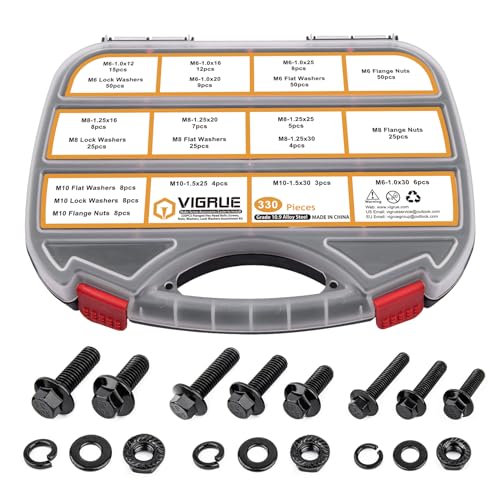 Bouten | 330 stuks M6 M8 M10 Bout Assortiment, Metrische Flens Zeskantbouten Moeren Kit, Klasse 10.9 Legeringstaal, Volledige Grove Draad, Zwart Bevestigingsmiddelen Bouten