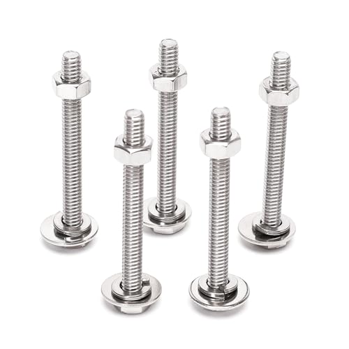 Bouten | 5/16-18X4″ Compleet Set Hex Kop Bouten, Moeren, Fender Platte Ringen, Gesplitste Veerringen, Volledig Gewonden, Roestvrij Staal 18-8 (304), Heldere Afwerking (5 Sets) Bevestigingsmiddelen Bouten