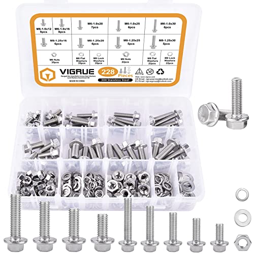 Bouten | M6 X 12/16/20/25/30Mm Flenshexbouten en M8 X 16/20/25/30Mm Flenszeskantbouten, Vigure 228 Stuks RVS 18-8 (304) M6-1.0 M8-1.25 Bouten Moeren Platte Veerringetjes Bevestigingsmiddelen Bouten