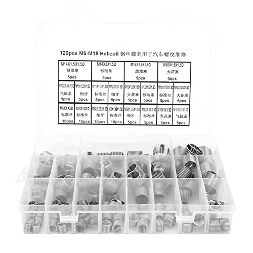 Draadmoeren | 120 Stuks RVS Helicale Draadinvoegen Kit, Met M3 M4 M5 M6 M8 M10 M12 M14 M16 M18 Metrische Draadinvoegen, Vrijlopende Spoel, Voor het Repareren van Beschadigde of Versleten Draad. Bevestigingsmiddelen Draadmoeren