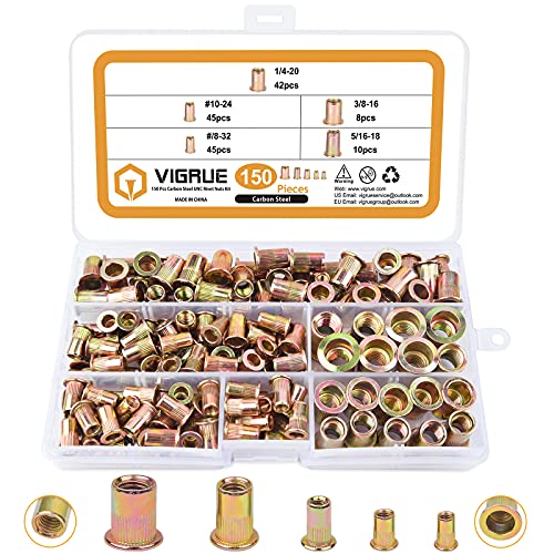 Draadmoeren | 150 stuks #8-32 #10-24 1/4″-20 5/16″-18 3/8″-16 Carbon Staal Unc Riveer Moeren Assortiment Kit, Geel Verzinkt Afwerking, Platte Kop Draad Invoegmoer Assortiment Bevestigingsmiddelen Draadmoeren