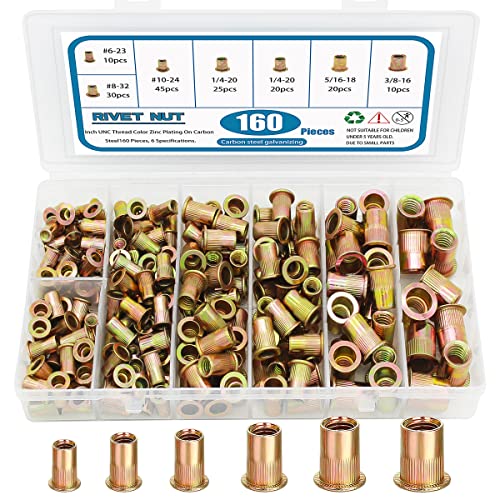 Draadmoeren | 160-delige Rivnuts Nutserts Kit, SAE Rivetmoeren Assortiment UNC Gewinde Riv Nut Sert, 1/4-20, 3/8-16, 5/16-18, 10-24, 8-32, 6-32 Bevestigingsmiddelen Draadmoeren