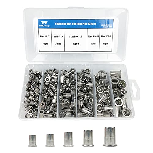 Draadmoeren | 228-delige RVS Rivetmoeren Set, SAE UNC Rivetmoeren Assortiment 8#-32, 1#-24, 1/4″-2, 5/16″-18, 3/8″-16, Platte Kop Draadmoer Rivet Invoegmoer, Draadmoeren Assortiment Set Bevestigingsmiddelen Draadmoeren