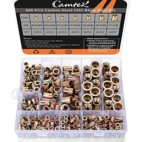 Draadmoeren | 325 stuks Rivet Nut Kit, #8-32 #10-24 5/32″-32Unc 1/4”-20Unc 5/16”-18Unc 3/8”-16Unc 1/2″-13Unc Verzinkt Koolstofstaal Platte Kop Rivnut Draad Invoegstukken Rivet Moeren Assortiment Set Bevestigingsmiddelen Draadmoeren