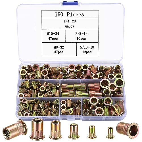 Draadmoeren | Rivetsleutelset, 16-delige SAE & metrische rivetsleutelassortiment, platte kop blinde rivetsleutels met ribbels, schroefinvoegen rivetsleutelset, gele zinkafwerking, 1/4″-2, 1#-24, 3/8″-16, 8#-32, 5/16″-18 Bevestigingsmiddelen Draadmoeren