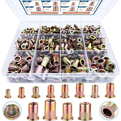 Draadmoeren | Rivetsleutelset, 470 stuks SAE & metrische UNC rivetsleutels, verzinkte koolstofstalen Rivnut schroefinvoegen assortiment set Nutserts, maten 6-32 8-32 10-24 1/4″-20 5/16″-18 3/8″-16 M3 M4 M5 M6 M8 M10 Bevestigingsmiddelen Draadmoeren