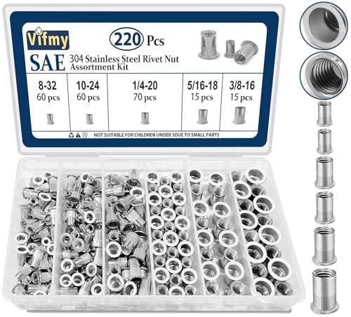 Draadmoeren | Sae Rivet Moer Assortiment Kit (220 Stuks), #8-32 #10-24 1/4″-20 5/16″-18 3/8″-16 304 Roestvrijstalen Platte Kop Rivnut Set, Rivnut Draad Invoermoer Bevestigingsmiddelen Draadmoeren