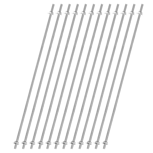 Draadstangen & Bouten | 12 Stuks 8/32 Inch M4 Draadstangen met 24 Stuks Zeskantmoeren en Ringen 16 Inch 201 RVS Volledige Draad Rechtsdraaiend Voor Hangers, U-bouten, Bead Tuinstaken, Zilver Bevestigingsmiddelen Draadstangen & Bouten