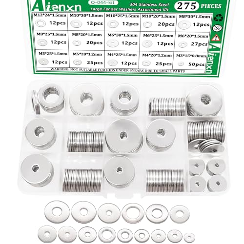 Hardware Wasmachines | 275 stuks 304 RVS Fender Washers Assortiment Kit, Ringetjes voor Bouten, 15 Metrische Maten Fender Washers voor Schroeven – M3, M4, M5, M6, M8, M10, M12 voor Thuis- en Industrieel Gebruik Bevestigingsmiddelen Hardware Wasmachines