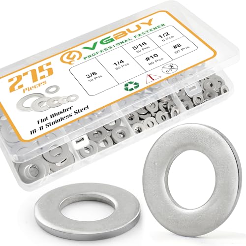 Hardware Wasmachines | 275 Stuks Assortiment Kit Voor Ringen, Verstevigde 304 RVS Platte Ringen Voor Schroeven, Assortiment Metalen Ringen Voor Bouten, SAE Hardware Ringen Set #8, 10, 1/4, 5/16, 3/8, 1/2 Bevestigingsmiddelen Hardware Wasmachines