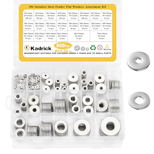 Hardware Wasmachines | 950 stuks grote fenderringen en kleine vlakke ringen assortimentskit, 22 verschillende maten (M2-M14) metalen ringen voor schroeven/bouten, ideaal voor de doe-het-zelver, 304 roestvrij staal Bevestigingsmiddelen Hardware Wasmachines