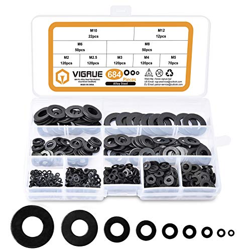 Hardware Wasmachines | Assortiment van Platte Ringen Set 684 Stukken – 9 Maten M2 M2.5 M3 M4 M5 M6 M8 M10 M12 Zwarte Zinkgeplateerde Legering Stalen Ringen Gereedschap Assortiment Bevestigingsmiddelen Hardware Wasmachines