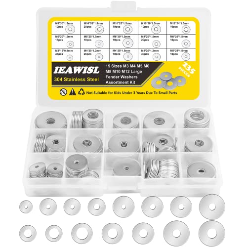 Hardware Wasmachines | Wasmachines, 304 RVS Penny Grote Fender Washers Voor Schroeven, 235 Stuks Platte Wasmachine Assortiment Set – 15 Maten – M3 M4 M5 M6 M8 M10 M12 Voor Meubels, Schepen, Auto, Doe-Het-Zelf Projecten, Elektrische Aansluitingen Bevestigingsmiddelen Hardware Wasmachines