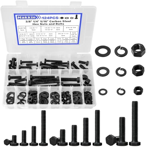 Moer- en Boutenset Assortimenten | 124 stuks zeskantmoeren en -bouten 1/4-20, 5/16-18, 3/8-16, koolstofstaal klasse 8.8 zware bouten en moeren assortimentskit, gemengde schroeven, moeren, bouten en ringen kit met opbergdoos (zwart) Bevestigingsmiddelen Moer- en Boutenset Assortimenten