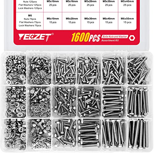 Moer- en Boutenset Assortimenten | 1600 Stuks M4 M5 M6 Zware Bouten en Moeren Assortiment Kit met Platte & Veilige Ringen, 18-8 Roestvrij Staal, 15 Meest Voorkomende Maten Bevestigingsmiddelen Moer- en Boutenset Assortimenten