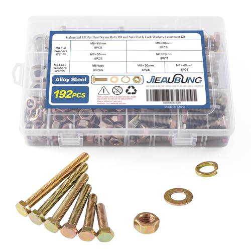 Moer- en Boutenset Assortimenten | 192 stuks M8 X 3/4/5/6/7/8 mm Zeskantkop Schroeven Bouten en Moeren Assortiment Kit met Platte en Veer Washers, Legeringstaal Kwaliteit 8.8, Geel Verzinkt, Vervangende Bevestigingsschroeven, Volledig Gewonden Bevestigingsmiddelen Moer- en Boutenset Assortimenten