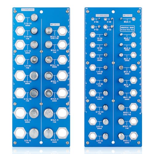 Moer- en Boutenset Assortimenten | 2 Stuks Moer en Bout Draad Controleur, 38 Bout en Moer Identificatie Gauge, Inches en Centimeters Aan Beide Zijden Draad Controleur Standaard en Metrische Bout Identificatie Bord Wandgemonteerd & Handheld Bevestigingsmiddelen Moer- en Boutenset Assortimenten