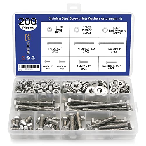 Moer- en Boutenset Assortimenten | 200 Stuks Moeren en Bouten 1/4-20 X 1/2", 3/4", 1", 1-1/2", 2", 2-1/2", 3" Carbon Stalen Zeskantbouten en Moeren Assortiment Kit Hardware Schroeven Set (7 Verschillende Maten) Bevestigingsmiddelen Moer- en Boutenset Assortimenten