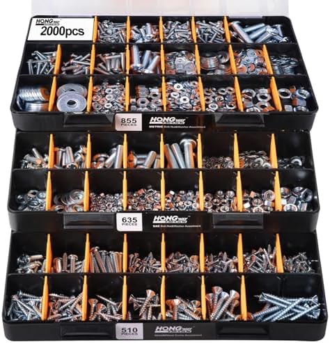 Moer- en Boutenset Assortimenten | 2000 Stuks Hardware Assortiment Kit, Moeren En Bouten Assortiment Kit Met 64 Maten Bouten, Moeren & Ringetjes Assortiment En Organisator Voor Metalen & Houten Schroeven (3 Lade) Bevestigingsmiddelen Moer- en Boutenset Assortimenten