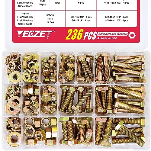 Moer- en Boutenset Assortimenten | 236-delige Grade 8 Heavy Duty Bouten en Moeren Washers Kit, 1/4-20 5/16-18 3/8-16 Zeskantbouten Moeren Assortiment Kit, Inclusief 13 Meest Voorkomende Maten Bevestigingsmiddelen Moer- en Boutenset Assortimenten