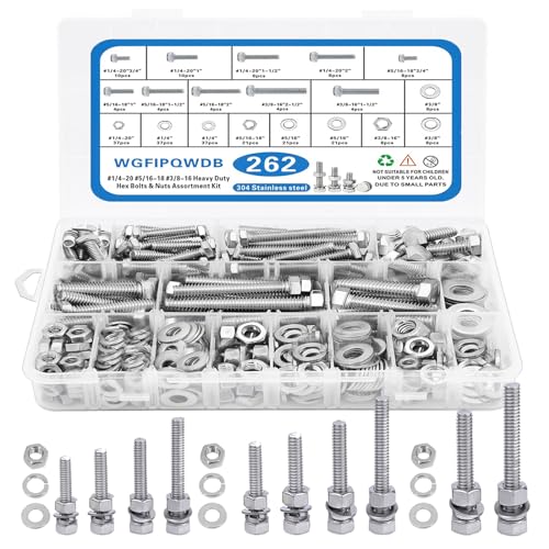 Moer- en Boutenset Assortimenten | 262-delige assortimentsset met zeskantbouten en moeren, 1/4-2, 5/16-18, 3/8-16 met platte ring en veerring, roestvrijstalen machineschroeven met opslag. Bevestigingsmiddelen Moer- en Boutenset Assortimenten