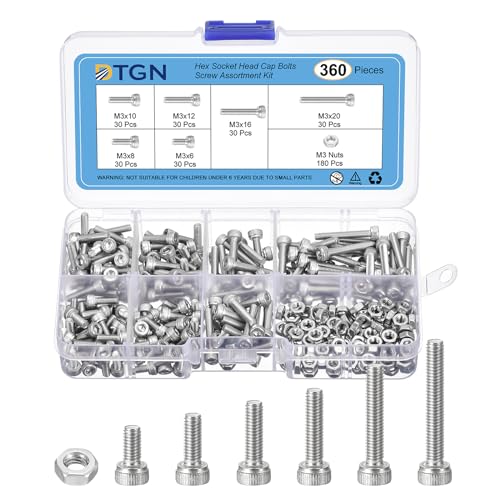 Moer- en Boutenset Assortimenten | 360 Stuks M3 Metrische Schroeven Assortiment, Bouten en Moeren Kit, 304 Roestvrijstalen M3X6/8/10/12/16/20Mm Zeskantige Inbusbouten Set voor 3D Printen en Doe-Het-Zelf Projecten Bevestigingsmiddelen Moer- en Boutenset Assortimenten