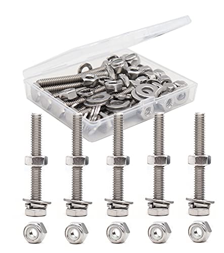 Moer- en Boutenset Assortimenten | 3/8″-16 X 1-1/2″ Zeskantbouten, Ringen, Moeren Set, 30 Stuks, 304 Roestvrij Staal, Effen Afwerking, 3/8″-16 Zeskantmoeren, 3/8″-16 Nylon Ingevoegde Moeren, 3/8″ Veerringen, 3/8″ Platte Ringen Bevestigingsmiddelen Moer- en Boutenset Assortimenten