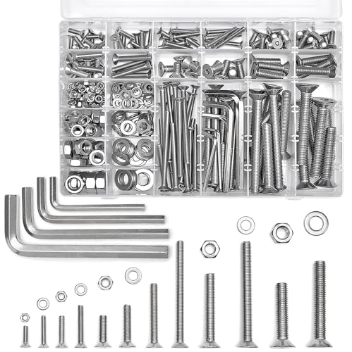 Moer- en Boutenset Assortimenten | 388 Stuks M5/M6/M8/M10 Grote Zeskantige Platte Hoofd Bouten en Moeren Assortiment – Zilver 34 RVS Ankers en Schroeven Kit Voor Houtbewerkingsgereedschap en Accessoires met Platte en Veerring Washers Bevestigingsmiddelen Moer- en Boutenset Assortimenten