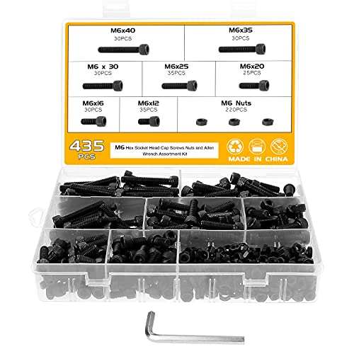 Moer- en Boutenset Assortimenten | 435Pcs M6 Zeskantige Inbuskop Bouten Moeren Set, 12.9 Koolstofstaal Cilindrische Schroeven Assortiment Kit Met Zeskant Sleutel 7 Maten 12/16/20/25/30/35/40 Mm Bevestigingsmiddelen Moer- en Boutenset Assortimenten