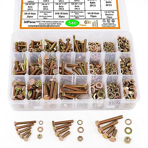 Moer- en Boutenset Assortimenten | 54 Stuks SAE Graad 5 Moeren en Bouten Assortiment Kit, Histely 1/4-2, 5/16-18, 3/8-16 Zware Hex Schroeven Moeren Ringen Set, Geel Verzinkt, 15 Maten Gereedschap Inclusief Voor Doe-Het-Zelf Projecten Bevestigingsmiddelen Moer- en Boutenset Assortimenten