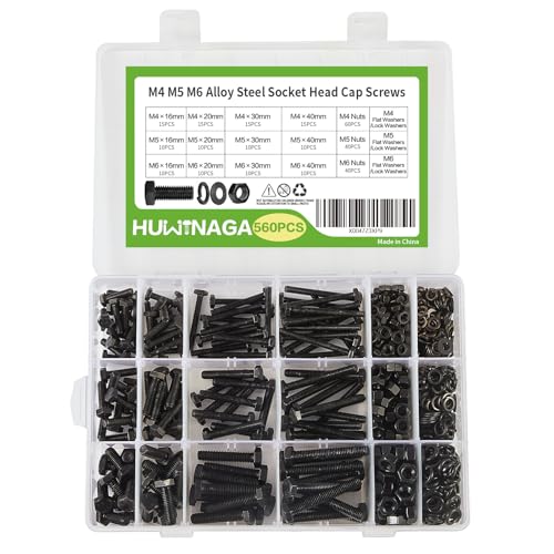 Moer- en Boutenset Assortimenten | 56-delige M4 M5 M6 Hex Bouten en Moeren Assortiment Kit, Zware Kwaliteit Graad 8.8 Legering Staal, Zwarte Oxide, Inclusief 12 Verschillende Maten Bevestigingsmiddelen Moer- en Boutenset Assortimenten