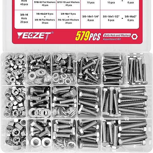 Moer- en Boutenset Assortimenten | 579Pcs Bouten en Moeren Kit 1/4-20 5/16-18 3/8-16 RVS 18-8 Zware Hex Bouten Moeren Ringen Assortiment Kit, Inclusief 15 Meest Voorkomende Maten Bevestigingsmiddelen Moer- en Boutenset Assortimenten