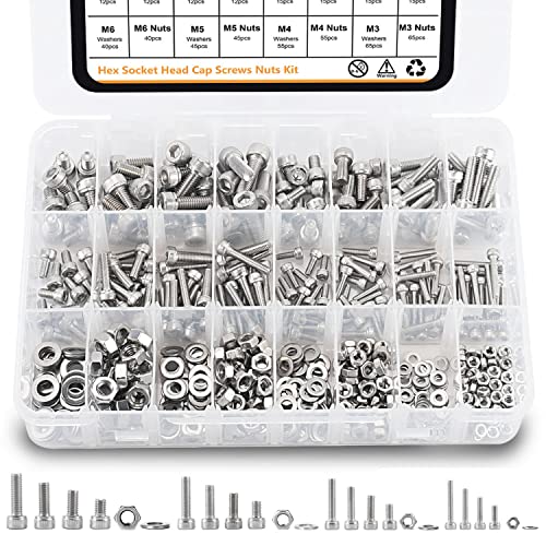 Moer- en Boutenset Assortimenten | 59 Stuks Bouten en Moeren Assortiment, Gternity Metrische M3 M4 M5 M6 Schroeven Assortiment Zeskantkop Schroeven Moeren Ringen Kit met Sleutel, 34 RVS (Inbuskop) Bevestigingsmiddelen Moer- en Boutenset Assortimenten