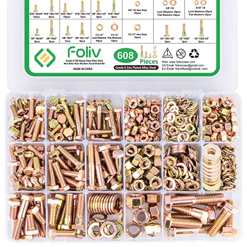 Moer- en Boutenset Assortimenten | 608 Stuks Grade 8 Bouten en Moeren Assortiment Kit, 1/4-20, 5/16-18, 3/8-16, 1/2-13 Zware Hex SAE Bouten Moeren Ringen Assortiment Kit Bevestigingsmiddelen Moer- en Boutenset Assortimenten