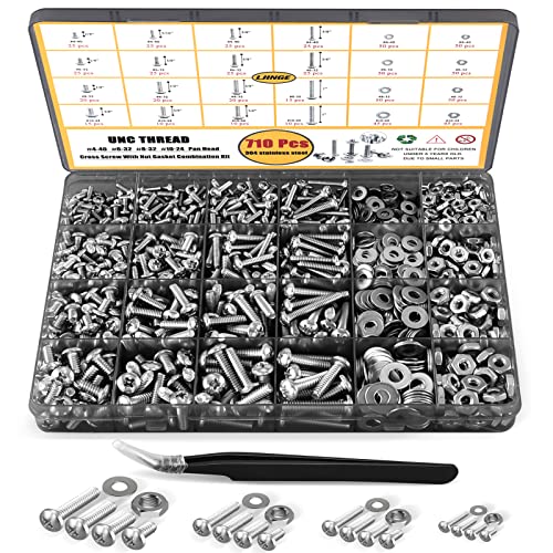 Moer- en Boutenset Assortimenten | 710-delige Moeren en Bouten Assortiment Kit, 4-40#6-32#8-32#10-24 Phillips Pan Head Assortiment Roestvrijstalen Bouten Moeren Platte Ringen Moeren Bouten met Koffer (Zwart) Bevestigingsmiddelen Moer- en Boutenset Assortimenten