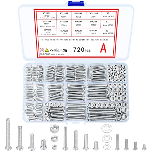 Moer- en Boutenset Assortimenten | 72-delige assortiment van moeren en bouten, M3 M4 M5 koolstofstalen schroeven, bouten en moeren met ringen, assortiment van diverse kruis- en panhoofdmachineschroeven, inclusief opbergdoos Bevestigingsmiddelen Moer- en Boutenset Assortimenten