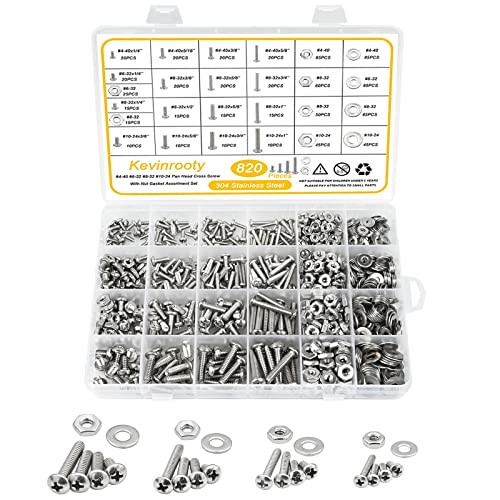 Moer- en Boutenset Assortimenten | 820 stuks 304 RVS Moeren en Bouten Assortiment Kit, 10-24 #8-32 #6-32 #4-40 Phillips Pan Head Assortiment Moeren, Bouten en Platte Ringmoeren met Koffer Bevestigingsmiddelen Moer- en Boutenset Assortimenten