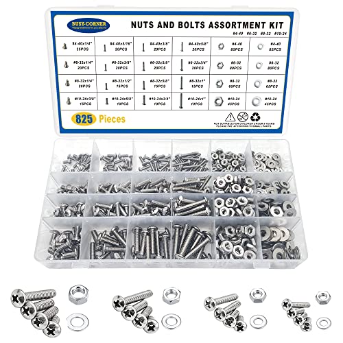 Moer- en Boutenset Assortimenten | 825 stuks Moeren en Bouten Assortiment Kit #4-40 #6-32 #8-32 #10-24 RVS Phillips Pan Head Machine Schroeven Bout Moeren Ringetjes Gereedschap Kit Bevestigingsmiddelen Moer- en Boutenset Assortimenten