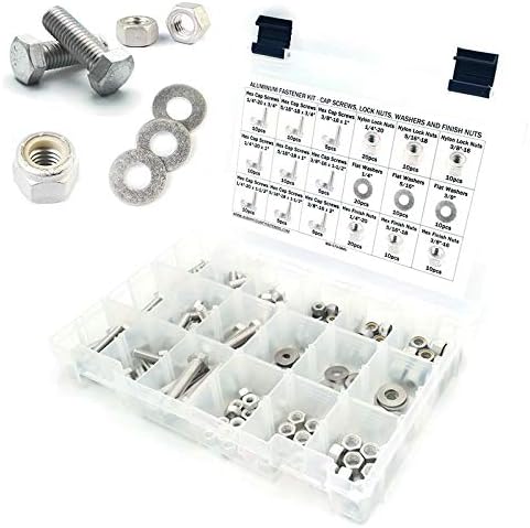 Moer- en Boutenset Assortimenten | Aluminium Hex Bout Assortiment Kit met Nylon Inlegvergrendelmoeren, Hex Moeren & Platte Ringen 1/4″-20 tot 3/8″-16 – 191 Stukken Bevestigingsmiddelen Moer- en Boutenset Assortimenten