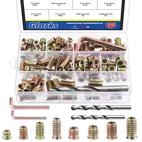 Moer- en Boutenset Assortimenten | Glarks 134 stuks 1/4″-2 5/16″-18 Meubel Schroef In Moer Draad Invoegstukken Assortiment Kit, 1/12/15/2/25Mm Houten Invoegstukken Bout Bevestigingsconnector Hexaansluiting Met Boor En Inbussleutel Set Bevestigingsmiddelen Moer- en Boutenset Assortimenten