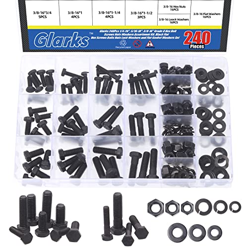 Moer- en Boutenset Assortimenten | Glarks 24 Stuks 1/4″-2, 5/16″-18, 3/8″-16 Kwaliteit 8 Zeskantbout Schroeven Moeren Ringetjes Assortiment Kit, Zwarte Platte Zeskant Schroeven Bouten Moeren Veerringetjes En Platte Pakkingringetjes Set Bevestigingsmiddelen Moer- en Boutenset Assortimenten