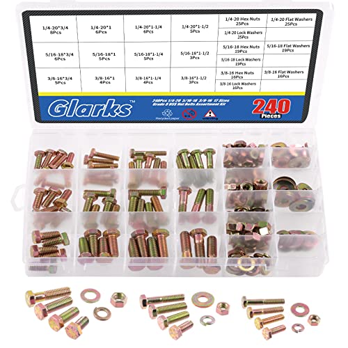 Moer- en Boutenset Assortimenten | Glarks 24 Stuks Grade 8 Grove Draad Zeskantige Bouten Moeren Schroeven Ringetjes Assortiment Kit, 1/4-2 5/16-18 3/8-16 Inch 12 Maten Zeskantige Hoofd Bouten En Zeskantige Moeren Platte Ringetjes Veer Ringetjes Set Bevestigingsmiddelen Moer- en Boutenset Assortimenten