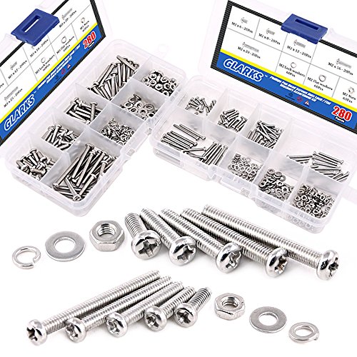 Moer- en Boutenset Assortimenten | Glarks 56-delige M2 M3 Phillips Pan Head RVS Schroeven Bouten Moeren Slot- en Platte Ringen Assortiment Kit Bevestigingsmiddelen Moer- en Boutenset Assortimenten