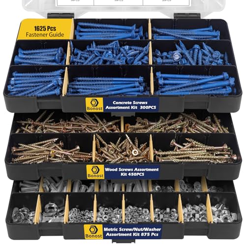 Moer- en Boutenset Assortimenten | Hardware Betonnen Assortiment Kit 1625 Stuks – Betonnen Schroefset Met Assorted Moeren, Bouten En Houtschroeven (3 Lade) Bevestigingsmiddelen Moer- en Boutenset Assortimenten